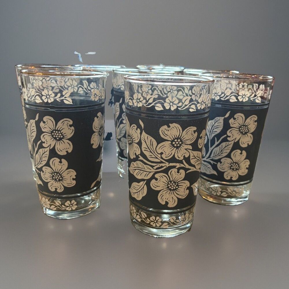 8 Vintage Hazel Atlas Dogwood 5" Tumblers, Blue & White